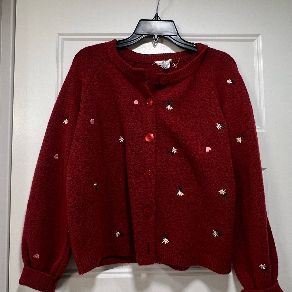 Red Cardigan with Embroidered Details
